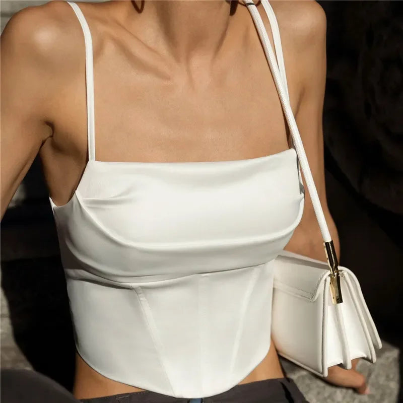 Women's White Satin Bustier Crop Top Spaghetti Strap Square Neck Corset Camisole