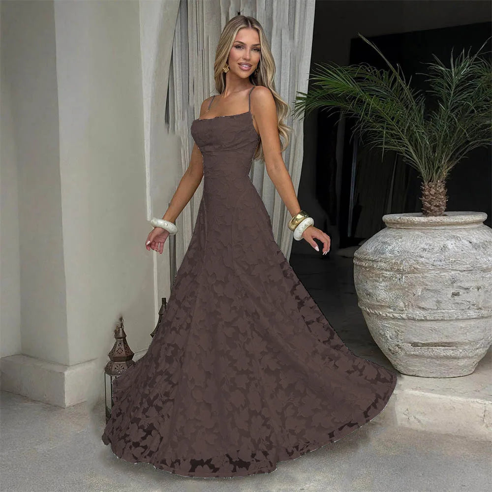 Jacquard Chiffon Long Dress Women's Backless Bandage Dresses Summer Evening Wedding Guest Green White Burgundy Pink Graduation