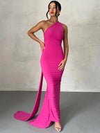 Women's One-Shoulder Sleeveless Maxi Dress Adjustable Scarf Loop Ruched Backless Bodycon Festival Party Outfit Elegant Long Gown