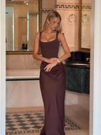 Women's Red Pleated Sling Maxi Dress Square Neck Sleeveless Off-shoulder Waist Cinching Slim Dresses Fashion Evening Party Gowns