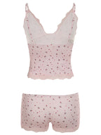 Summer Two-piece Pajamas Set for Women Sleepwear  Floral Lace Pink Sleeveless Camisoles and Slim Shorts Loungewear