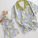 Women's Summer Faux Silk Pajama Shorts Set Casual Women's Short Sleeve Top and Shorts Home Clothes Flower Faux Stain Pajama Set