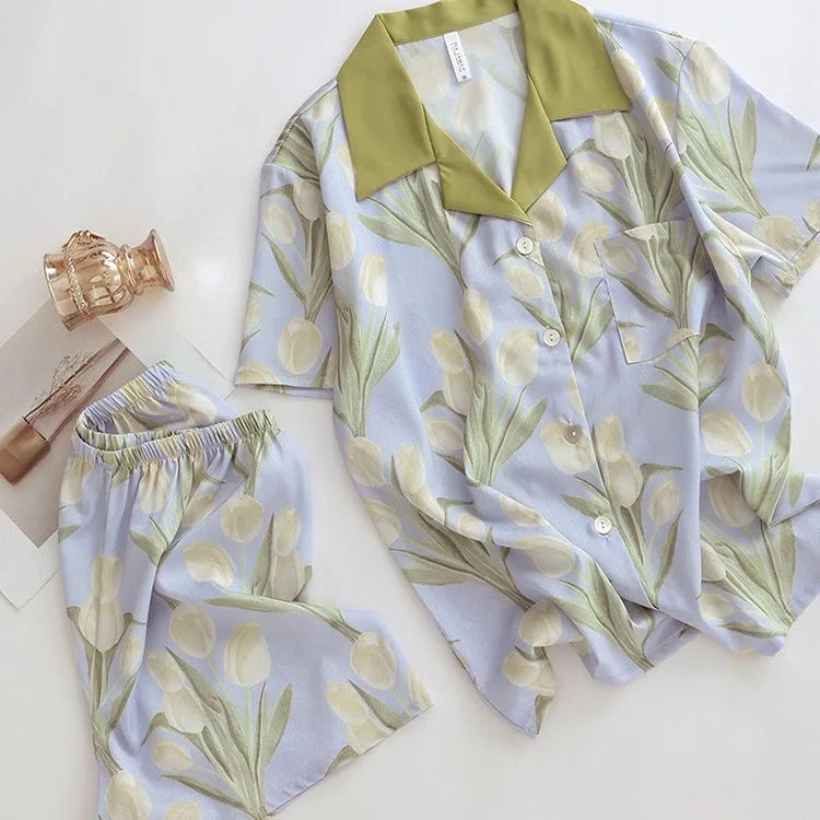 Women's Summer Faux Silk Pajama Shorts Set Casual Women's Short Sleeve Top and Shorts Home Clothes Flower Faux Stain Pajama Set