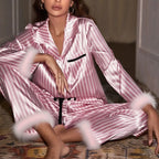 Luxurious Women's Pyjamas With Fur Striped Silky Satin Long Sleeve Pajama Set Lapel Top & Long Pants Sleepwear & Loungewear
