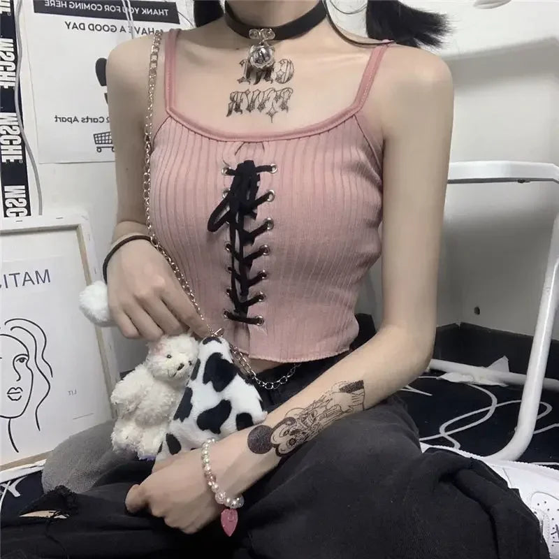 Women's Tops Backless Crop Top Sleeveless Kawaii Cute White Knitted Camis Tank Top Summer Cropped Vest Female Clothing