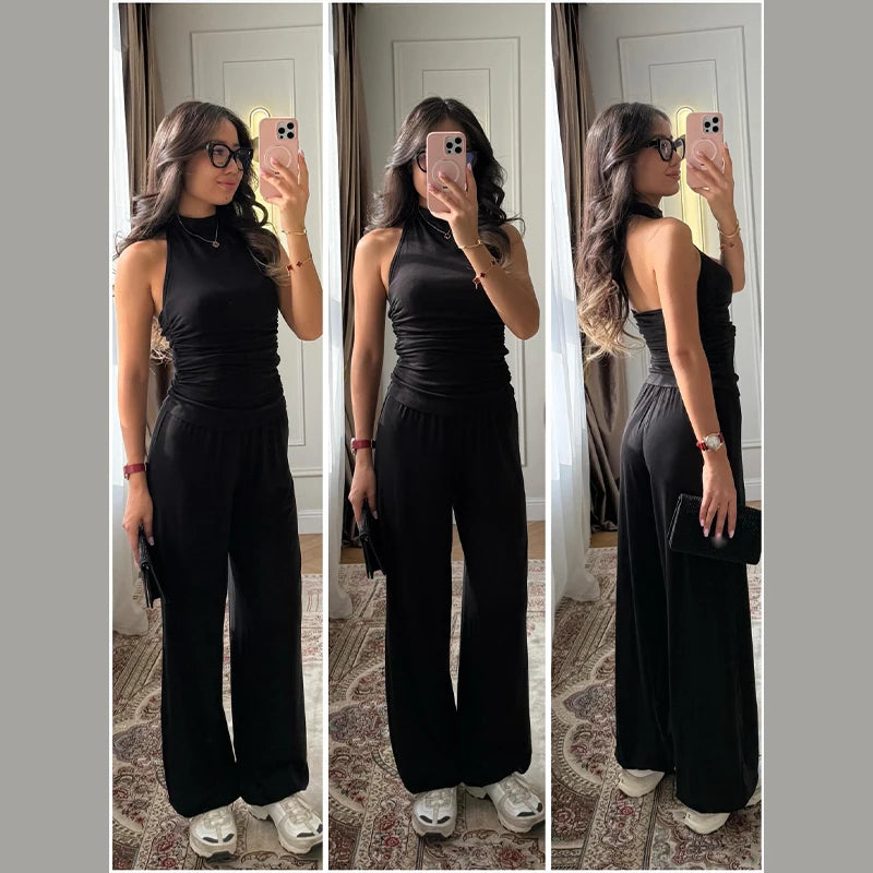 Halter Backless Two-Piece Set Fitted Bodice High Waist Wide Leg Pants 2026 Spring Fashion Elegant Office Casual Women Outfit