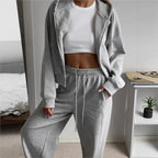 Women's Fashion Street Sports Style Two-Piece Set Casual Solid Color Zipper Cardigan Hooded Sweatshirt Loose Widefoot Pants Set
