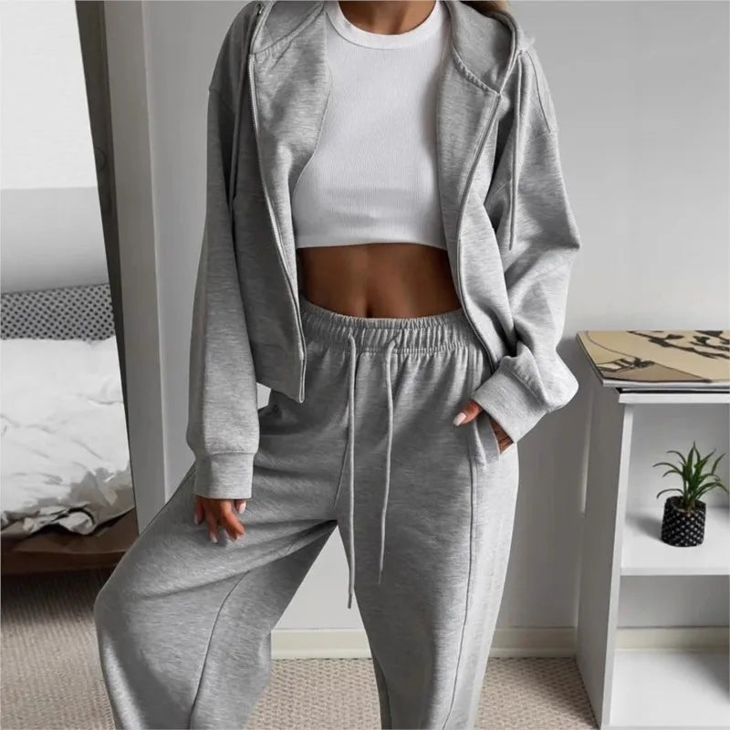 Women's Fashion Street Sports Style Two-Piece Set Casual Solid Color Zipper Cardigan Hooded Sweatshirt Loose Widefoot Pants Set