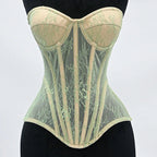 Women Mesh Corset Busiter Overbust Cups Push Breast Floral Lace Bodice Tansparent Strapless Crop Tops Lace Up Steel Boned Corset