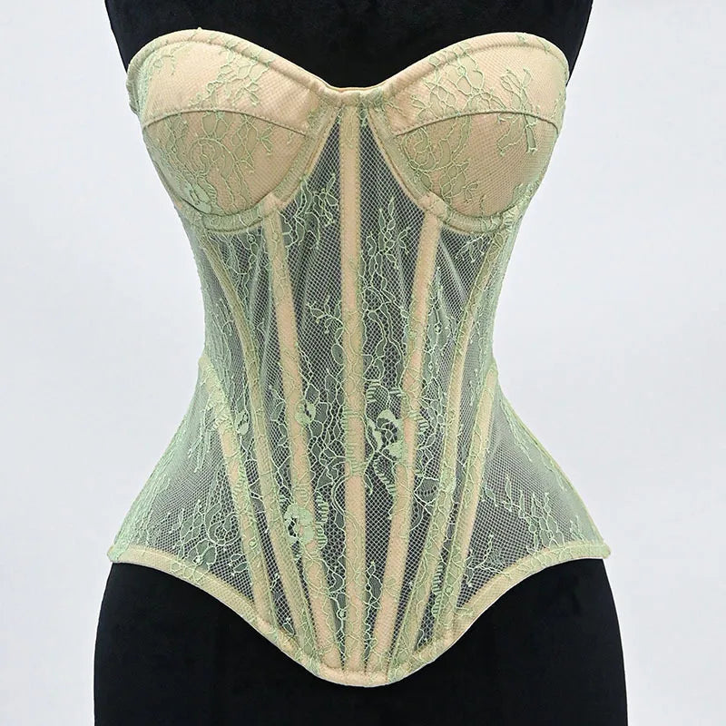 Women Mesh Corset Busiter Overbust Cups Push Breast Floral Lace Bodice Tansparent Strapless Crop Tops Lace Up Steel Boned Corset