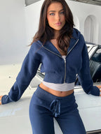 Women's solid color long sleeve cropped sweatshirt and drawstring waist sweatpants ladies hoodie set for winter women's clothing
