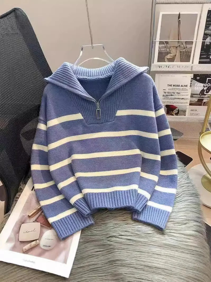 Sweater Pullover Women Spring and Autumn Underwear New Zipper Stripe Underlay Short Style Popular Premium Sweater Female