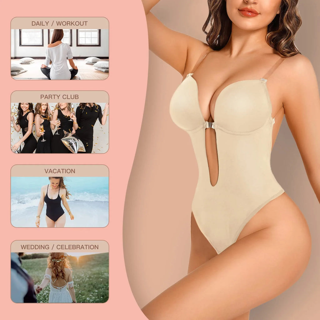 Sexy Backless Deep V Plunge Shapewear Bodysuit Invisible Strapless Bralette Sculpting Gathered Invisible Strap Underwear