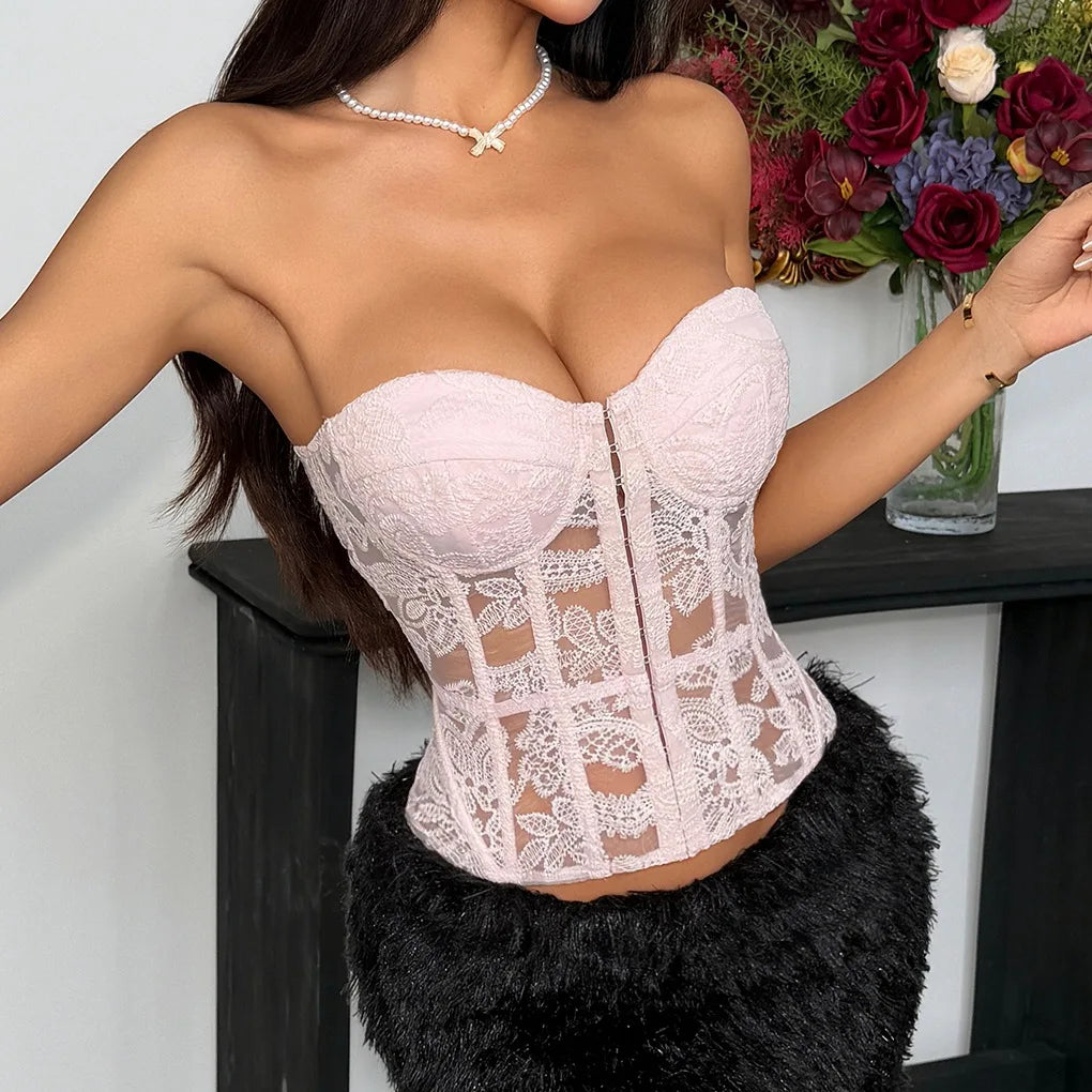 Niche Design Apricot Color Embroidered Fish Bone Strap Backless Lace Design Ladies Tube Top Corsets for Women