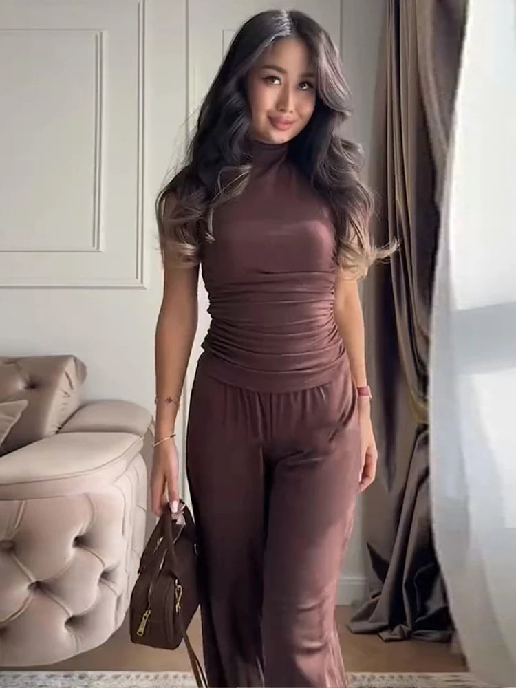 Halter Backless Two-Piece Set Fitted Bodice High Waist Wide Leg Pants 2026 Spring Fashion Elegant Office Casual Women Outfit