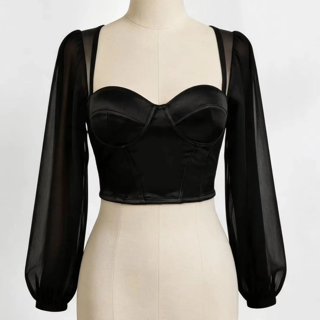 Sheer Mesh Bustier Top Women's Puff Sleeve Spaghetti Strap Corset Women Form Fitting Underwire Cropped Top