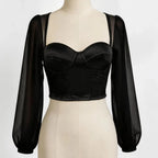 Sheer Mesh Bustier Top Women's Puff Sleeve Spaghetti Strap Corset Women Form Fitting Underwire Cropped Top