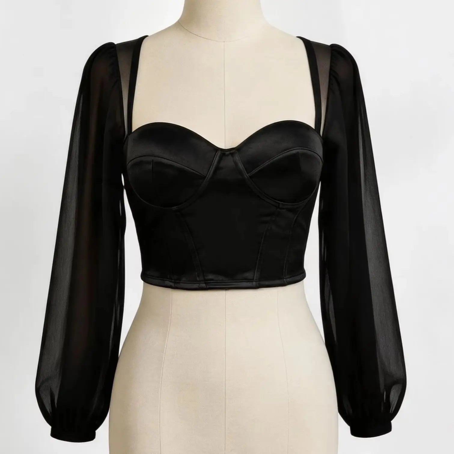 Sheer Mesh Bustier Top Women's Puff Sleeve Spaghetti Strap Corset Women Form Fitting Underwire Cropped Top