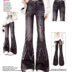 Vintage Slim Micro-flare Jeans Women Ins Fashionable Splicing Belt Edge Y2K Pants High Waist Straight American Street Trousers