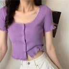 Korean Style Summer Spring Lace T-shirt Button Stylish Crop Top Slim Fit Knitted Cardigans