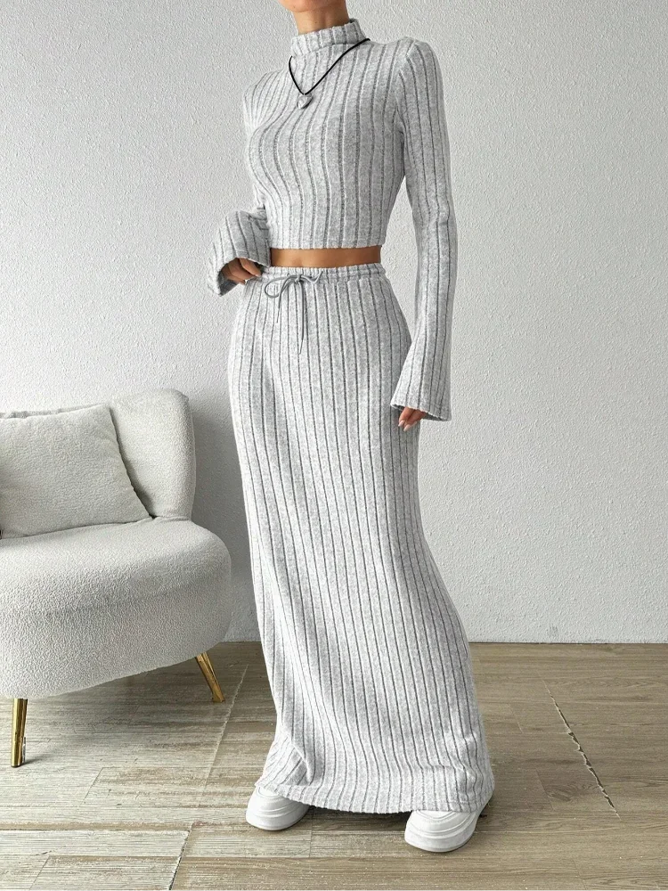 Casual Solid Exposed Navel Knitted Pants Set Women Fashion Spring Stand Collar Long Sleeved Top Lady Fashion Daily Casual Sets