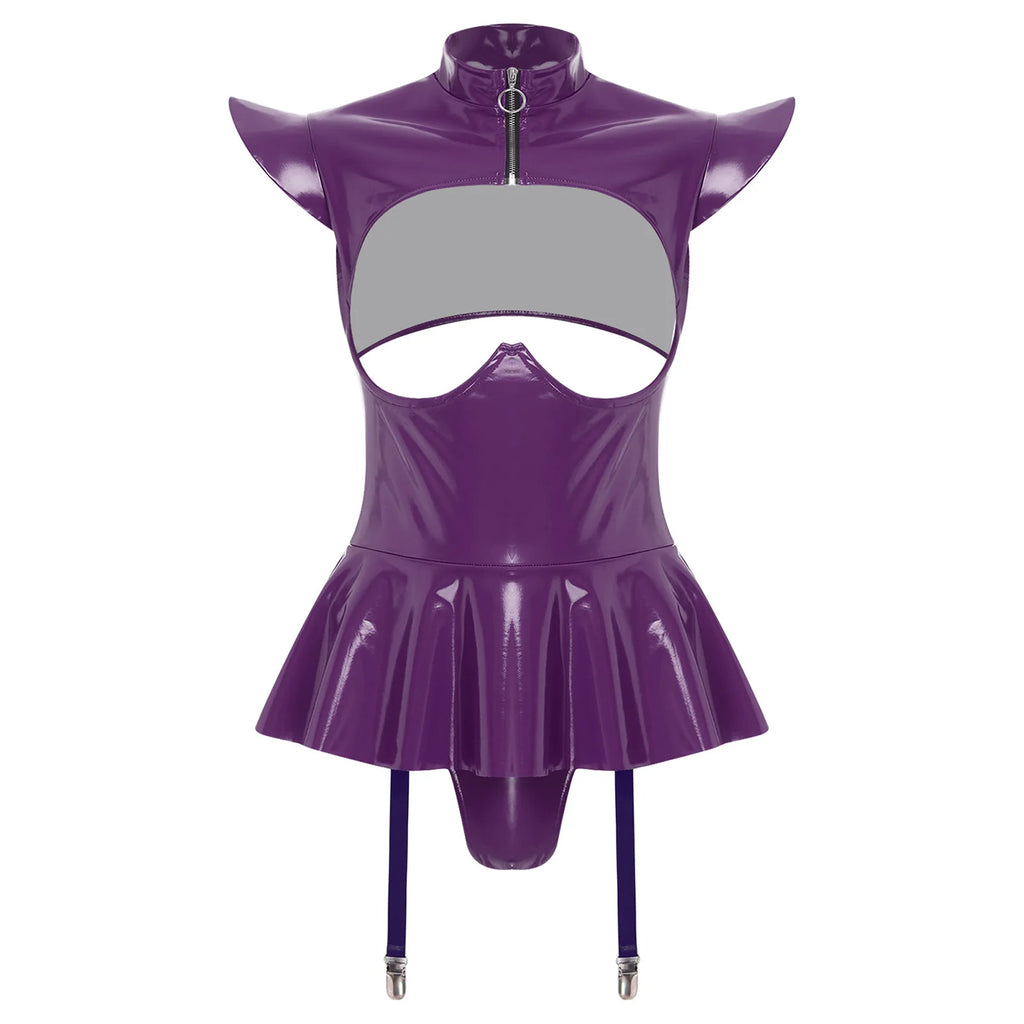 Women Lingerie PU Leather Tempting Bodysuit Breast Hollow Out Underwire Teddies Ruffled Hem Garters Jumpsuit Erotic Nightwear