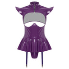 Women Lingerie PU Leather Tempting Bodysuit Breast Hollow Out Underwire Teddies Ruffled Hem Garters Jumpsuit Erotic Nightwear