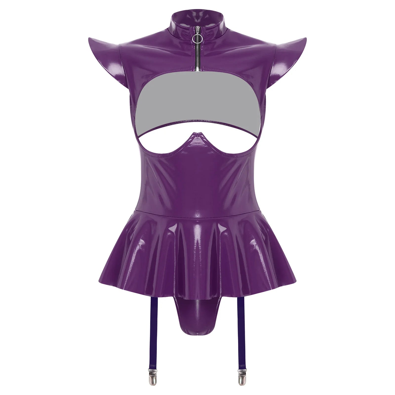 Women Lingerie PU Leather Tempting Bodysuit Breast Hollow Out Underwire Teddies Ruffled Hem Garters Jumpsuit Erotic Nightwear