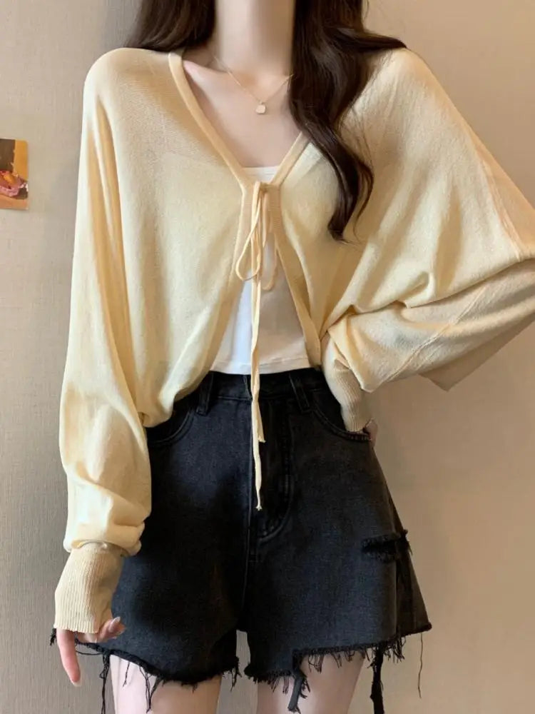 Thin Black Ice Silk Sun Protection Cardigan for Women Knitwear Summer Cover Up Large Size Lazy Sleeve Shawl Strap Outerwear Top