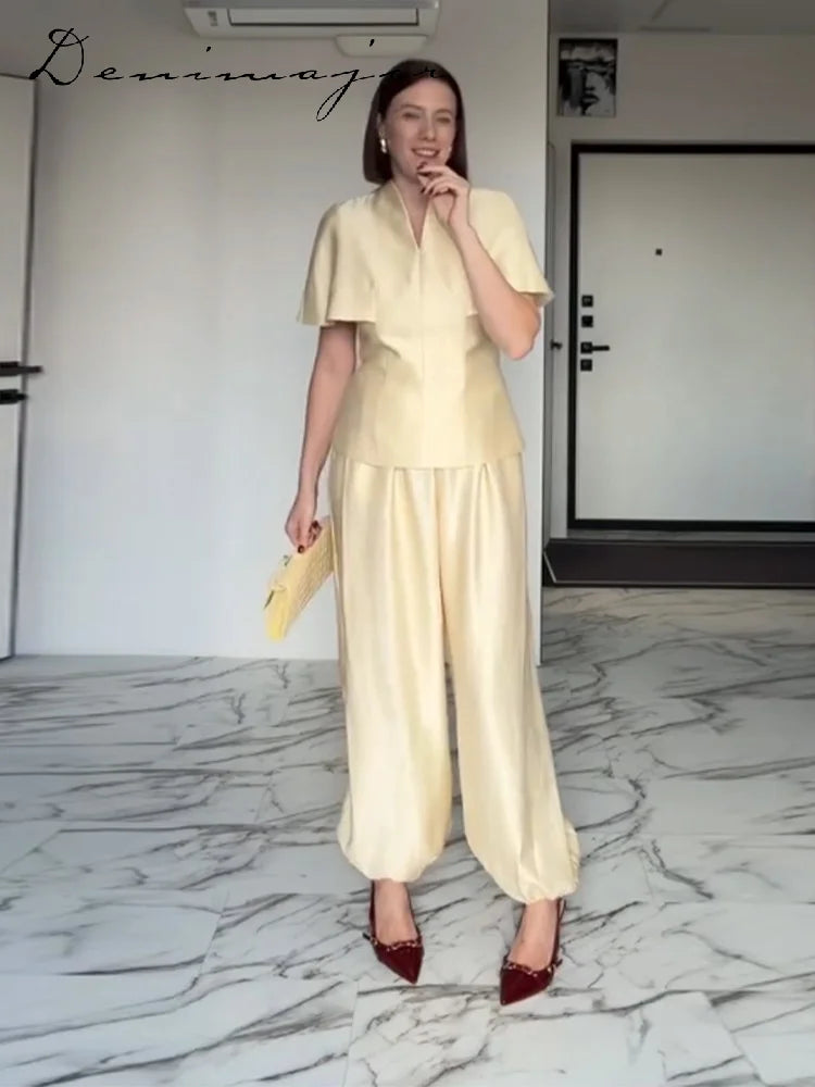 Fashion V-Neck Top Lantern Pants Set Women's Solid Short Sleeve Tops Loose Wide Leg Trousers 2026 Summer Lady Casual Outfit