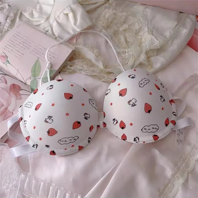 Japanese Hello Kitty Front Closure Push Up Bra Set for Women, Cute Kawaii Underwire Lingerie Set with Panty Y2K Women's Bra Set