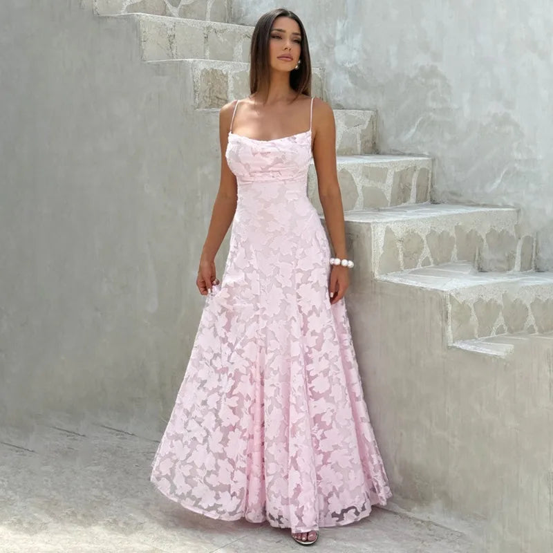 Jacquard Chiffon Long Dress Women's Backless Bandage Dresses Summer Evening Wedding Guest Green White Burgundy Pink Graduation