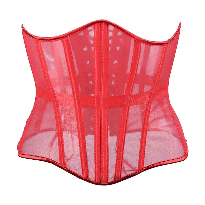 Women Transparent Mesh Corset Underbust Fish Bone Waist Trainer Bustier Slimming Cincher Girdle Belt Gothic Korset Black Red