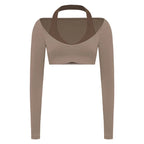 Women's Fake Two-Piece Sports Long Sleeve Halter Neck Pilates Yoga Shirt Slim Fit Fitness Sports Top Leggings Workout Tights