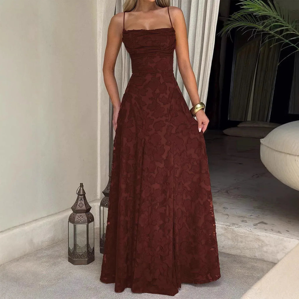 Jacquard Chiffon Long Dress Women's Backless Bandage Dresses Summer Evening Wedding Guest Green White Burgundy Pink Graduation