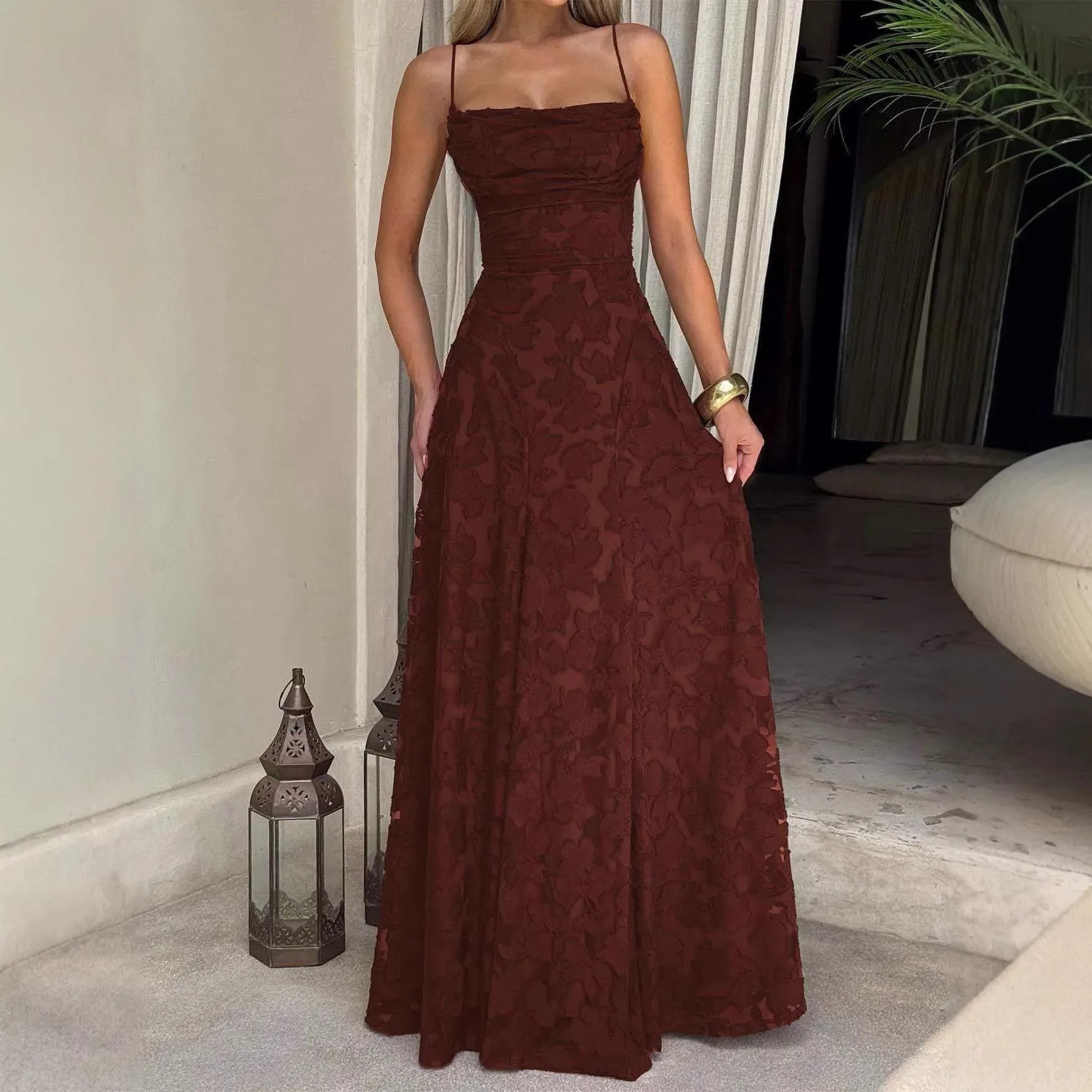 Jacquard Chiffon Long Dress Women's Backless Bandage Dresses Summer Evening Wedding Guest Green White Burgundy Pink Graduation