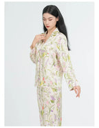 Floral Women's Pajama Set 19 Momme 100% Mulberry Silk Long Sleeve Button Top and Long Pants Two Piece Casual Homewear Loungewear
