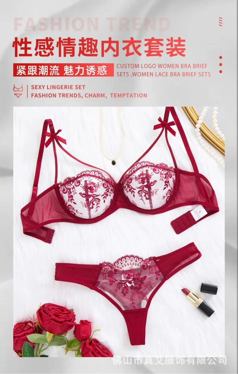 Women's Sexy Push Up Lingerie Set Sheer Floral Embroidery Support Bra Thong Anti Sagging Underwire Chest Cleavage Enhancement