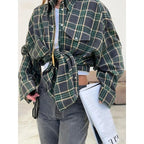 Fashion Baggy Plaid Women'S Blouse Elegant Lapel Long Sleeve Shirts And Blouses Vintage Pocket Lace-Up Top Female 2025