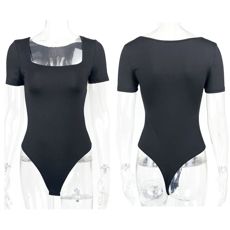 Short Sleeve Bodysuits Summer Square-Cut Collar Solid Bodycon Elastic Romper Sexy Y2k Women Clothing Fashion Club Party 2521