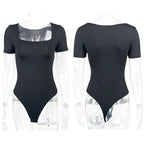Short Sleeve Bodysuits Summer Square-Cut Collar Solid Bodycon Elastic Romper Sexy Y2k Women Clothing Fashion Club Party 2521