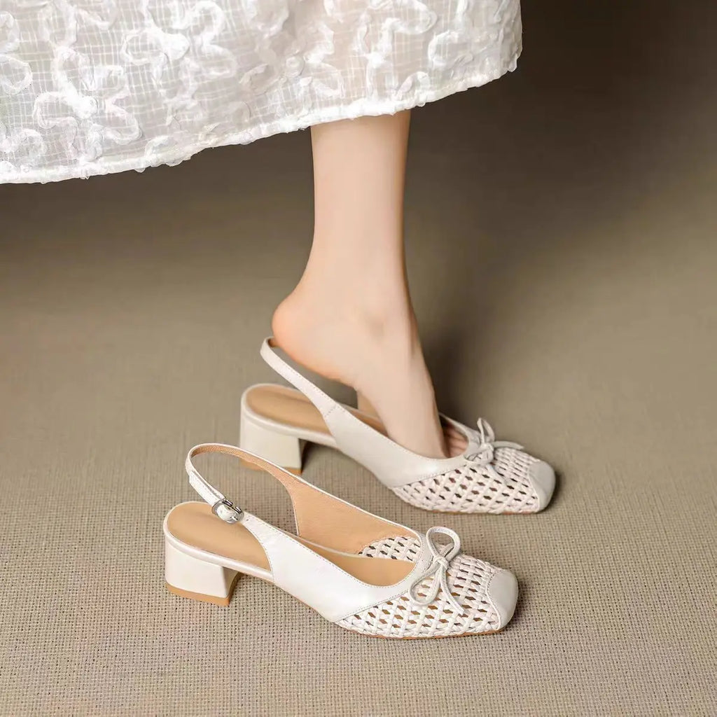 Retro leather square-toe woven high-heeled sandals, 2025 summer fashionable breathable single-buckle thick-heeled women's shoes