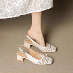 Retro leather square-toe woven high-heeled sandals, 2025 summer fashionable breathable single-buckle thick-heeled women's shoes