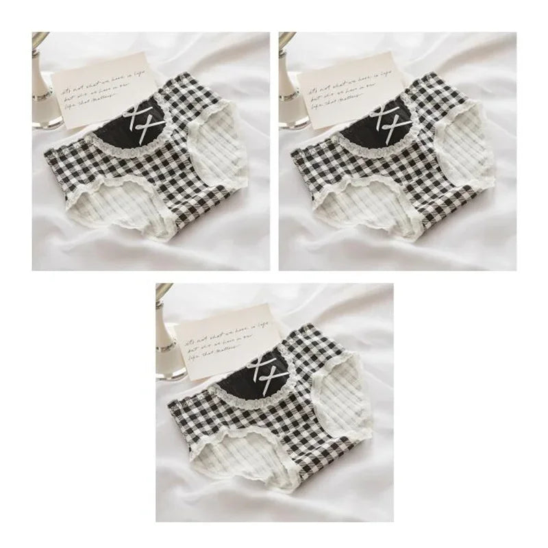 3 Pcs Cute Lolita Lace Trimming Girl Plaid Striped Underwear Summer Sexy Cotton Briefs Langerie Loli Panties