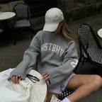 Fashion Letter Jacquard Knit Pullover Women Oversize Long Sleeve O-neck Classic Sweater 2026 Spring New Lady Casual Outerwear