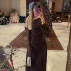 Saudi Charming Brown Dress Chiffon Ruched Draped Bespoke Occasion Gown Column&Sheath One-shoulder Long Dresses