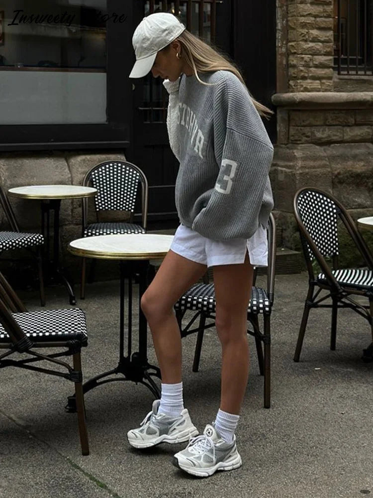 Fashion Letter Jacquard Knit Pullover Women Oversize Long Sleeve O-neck Classic Sweater 2026 Spring New Lady Casual Outerwear