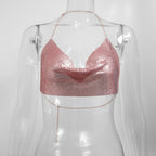 Sexy Metal Metallic Crop Top Women Beach Halter Corset Tops Glitter Backless Party Club Tank Top Clothes Top Camisole Croppe