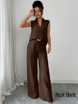 2026 Summer New Sleeveless V-Neck Wide-Leg Pants Set, French-Style High-End Work-Casual Two-Piece Set, Elegant and Slimming Plus-Size Women's Clothing, Suitable for Workplace, Daily Wear, and Vacation Outfits