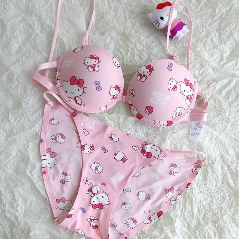 Japanese Hello Kitty Front Closure Push Up Bra Set for Women, Cute Kawaii Underwire Lingerie Set with Panty Y2K Women's Bra Set